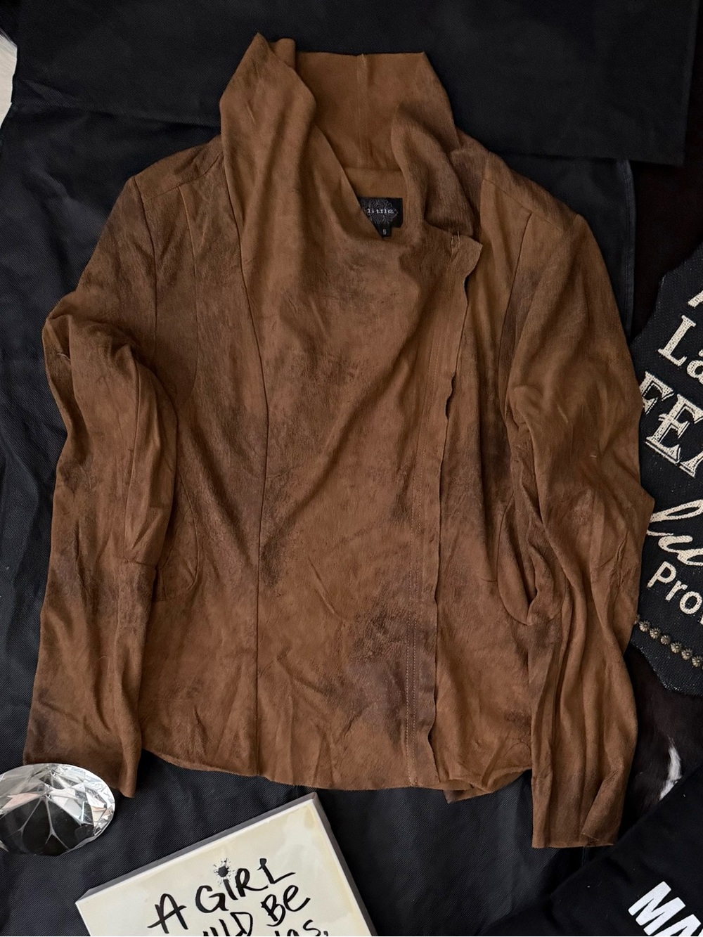 Live a Little Brown Suede Open Front Leather Jacket